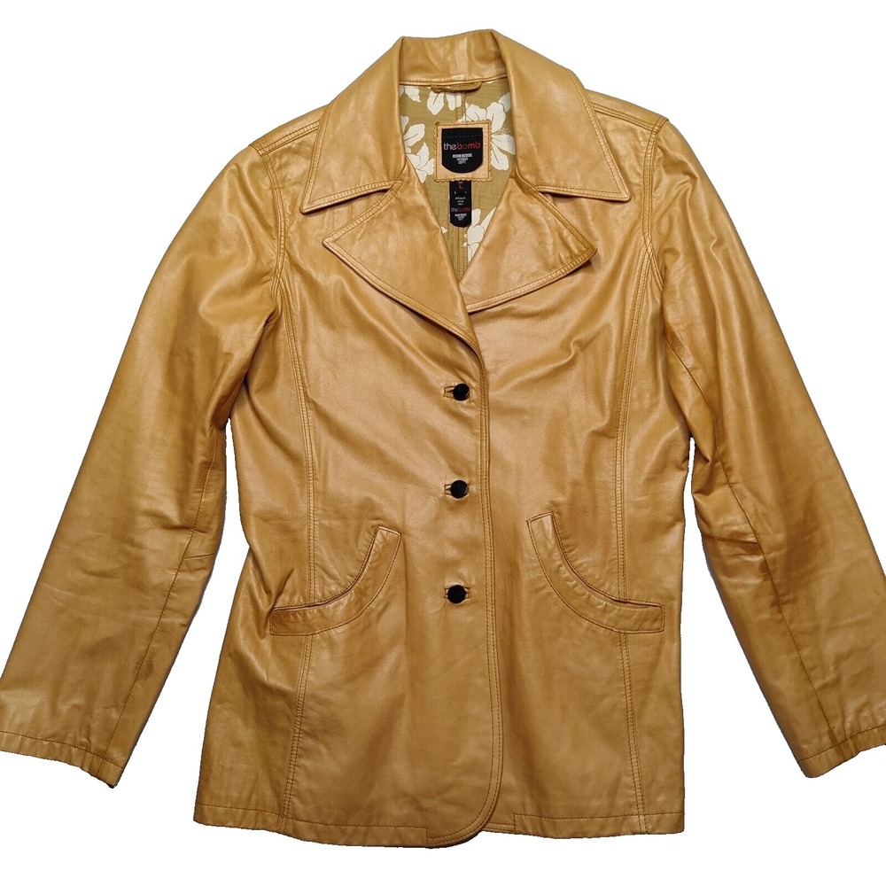 VTG The BOMB Women Large BOMB BOOGIE 100% Leather‎ Floral Lining Tan Jacket